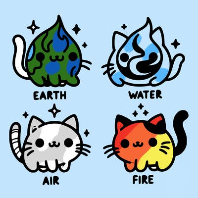 4 cats that represent the different elements, earth, water, air, and fire