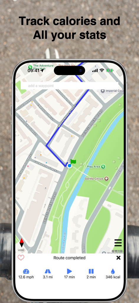CycleMaps - CycleMaps app showing a completed cycling route with speed distance and calorie tracking stats