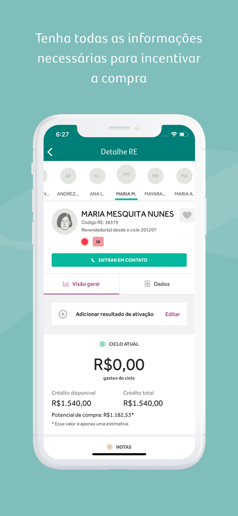 Mobile app screen for O Boticário supervisors displaying a reseller profile and current sales cycle metrics