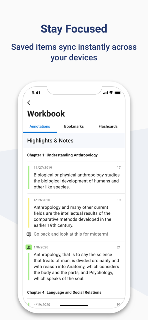 Tela do aplicativo workbook do Elsevier eBooks plus mostrando anotações e destaques sincronizados entre dispositivos