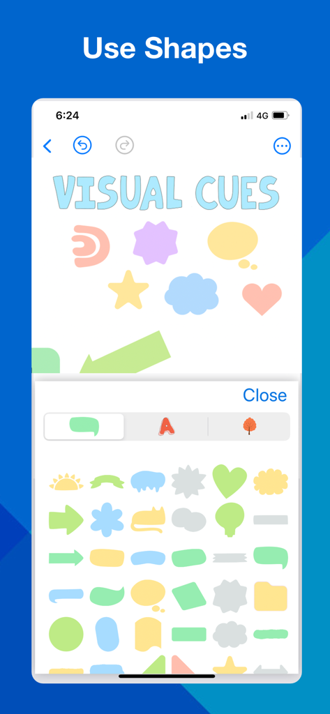 Mobile app screen showing a variety of colorful shapes and stickers for visual note taking