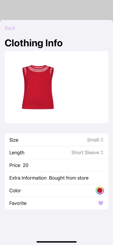 DigitalDresser - A screen in the DigitalDresser app displaying details for a red top including size, price, and color categories