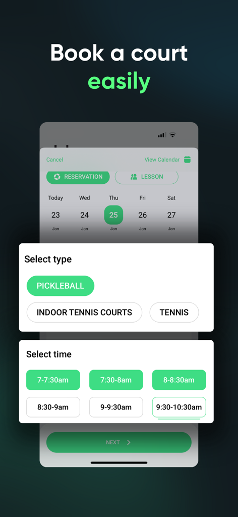 Mobile app interface for booking a pickleball court showing date and time selection