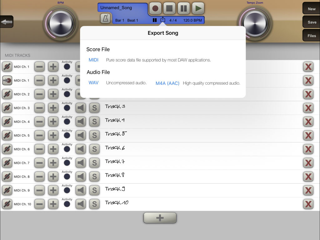 iCathedral Organ - Menú de exportación de canciones en la aplicación iCathedral Organ mostrando opciones de archivos MIDI y de audio sobre una interfaz de grabación multipista.
