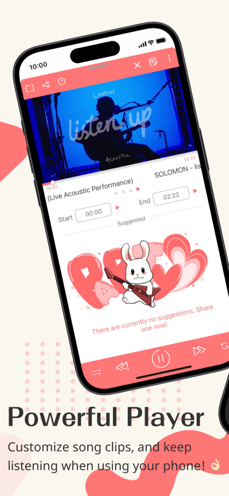 PartyTu app music player showing custom song clip start and end times