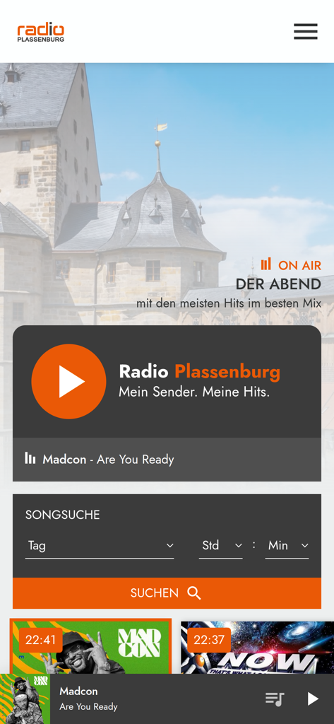 Interface do aplicativo móvel Radio Plassenburg com o reprodutor ao vivo e a função de busca de músicas