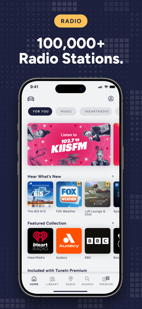 TuneIn Radio: Music & Sports - TuneIn Radio app interface showing featured radio stations news and sports categories