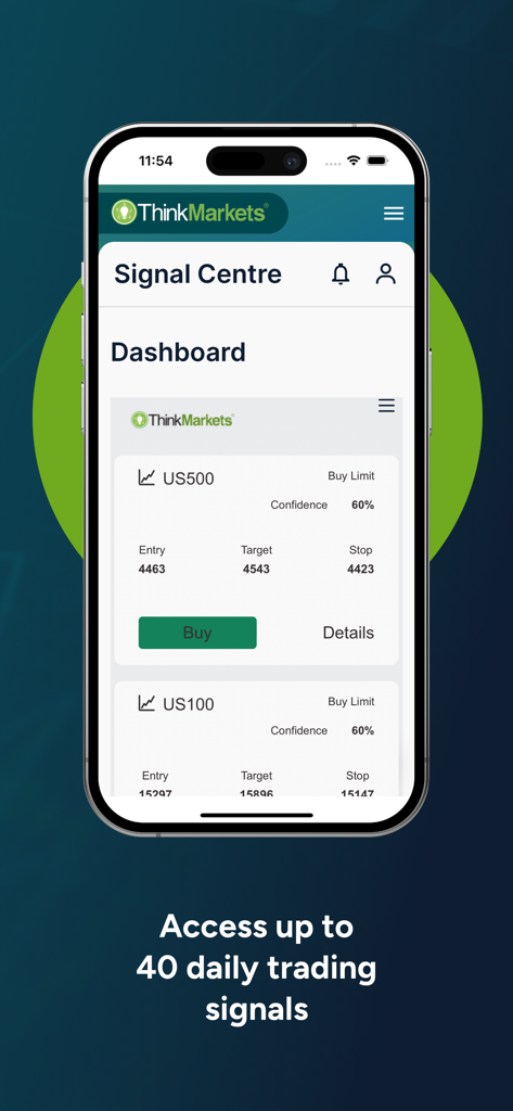 ThinkMarkets Portal app showing the signal centre dashboard with market entries for US500 and US100