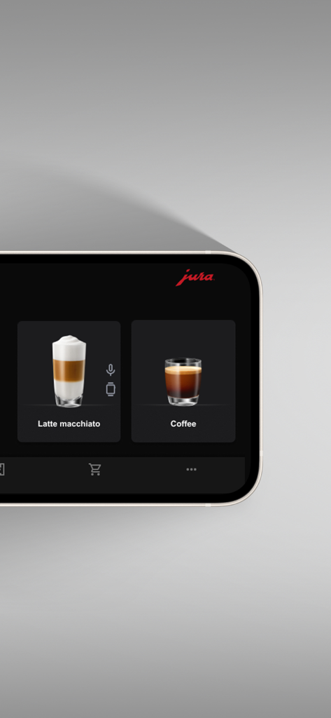 JURA JOE app interface displaying latte macchiato and coffee drink selection buttons