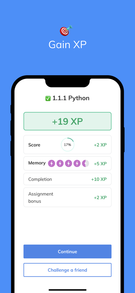 Tela do aplicativo Seneca mostrando pontos de experiência ganhos por concluir uma aula de programação Python