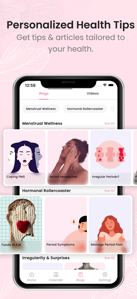 Period Menstral Cycle Tracker - Interfaz de aplicación móvil que muestra blogs y artículos de salud personalizados para el bienestar menstrual, incluida la gestión de síntomas y el síndrome premenstrual