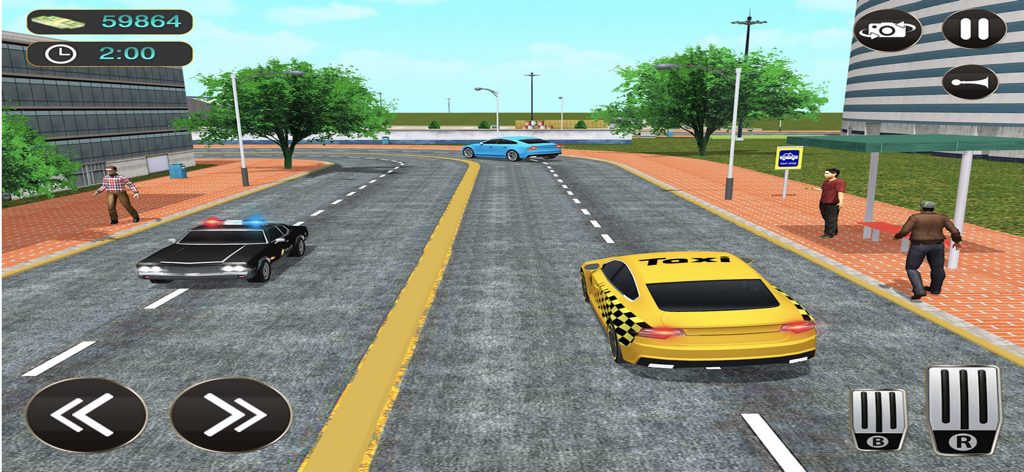 Yellow taxi driving through city streets in a mobile simulator game