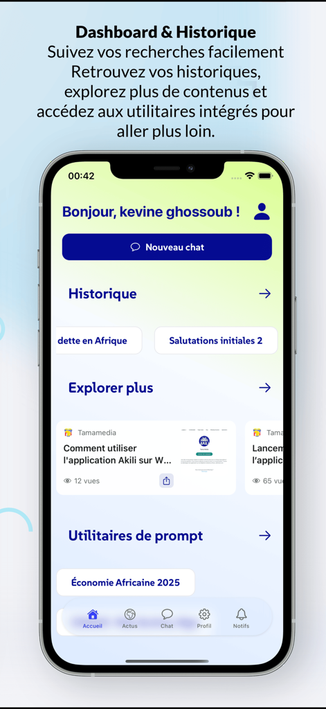 Akili - Akili AI app dashboard showing search history and news exploration features