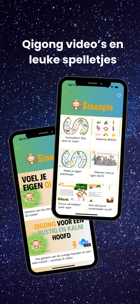 Slaaapie - slaaphulp voor kids - Two mobile screens from the Slaaapie app showing Qigong video lessons and a variety of fun educational games for children.