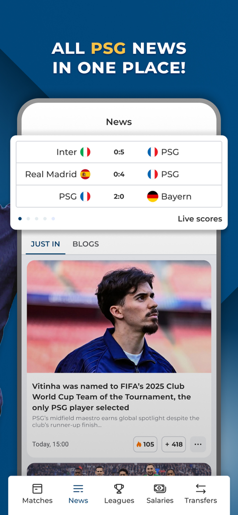 Paris Live app news feed featuring PSG live scores and football articles