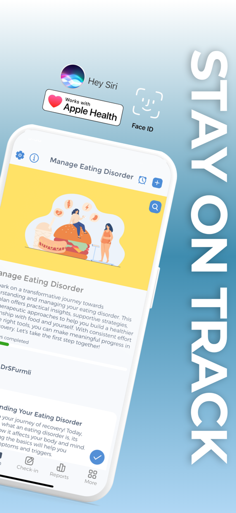 Interface do aplicativo Esana mostrando ferramentas de recuperação de transtornos alimentares e integração com Apple Health