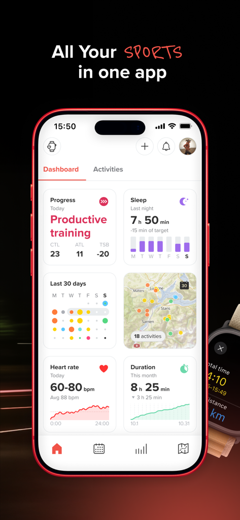 Sports Tracker: Run Bike Hike - Das Sports Tracker App-Dashboard auf einem iPhone zeigt den Fitnessfortschritt, die Herzfrequenz und Aktivitätskarten an.