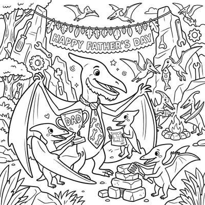 Soar into Father's Day with this delightful coloring page featuring a family of pterosaurs celebrating their super dad! From prehistoric BBQ to special gifts, this scene is bursting with heartfelt moments ready for your creative touch.