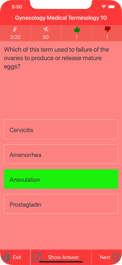 Handybildschirm mit einer Multiple-Choice-Frage zum Begriff Anovulation in der Gynäkologie Fachbegriffe Quiz App.