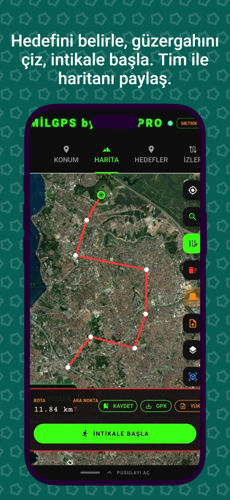 MilGPS PRO - MilGPS PRO app interface showing a planned red route on a satellite map for tactical navigation.