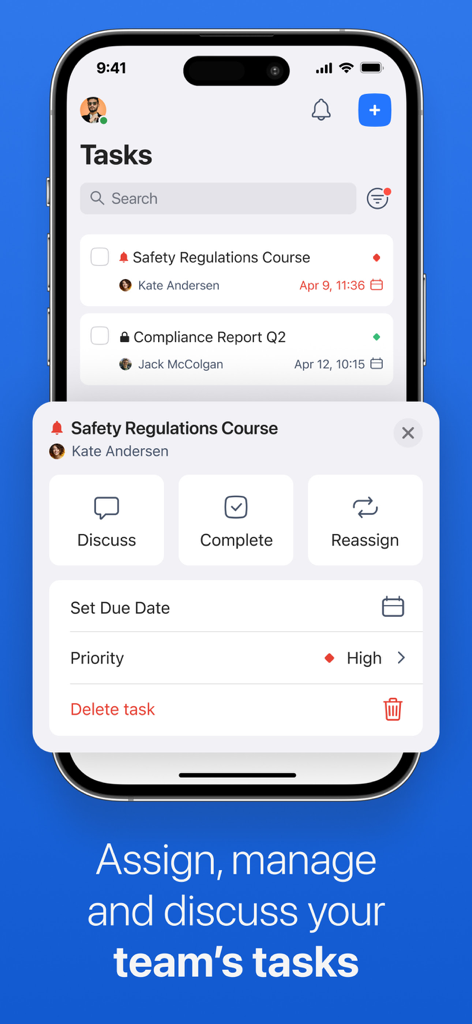 Chanty - Team Collaboration - Chanty mobile app screen displaying team tasks with options to discuss and reassign.