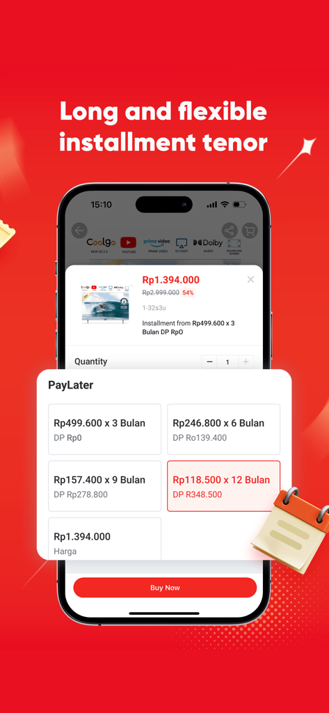 Akulaku-Installment Shopping - Akulaku App-Interface mit flexiblen PayLater-Ratenzahlungsoptionen für bis zu 12 Monate auf rotem Hintergrund