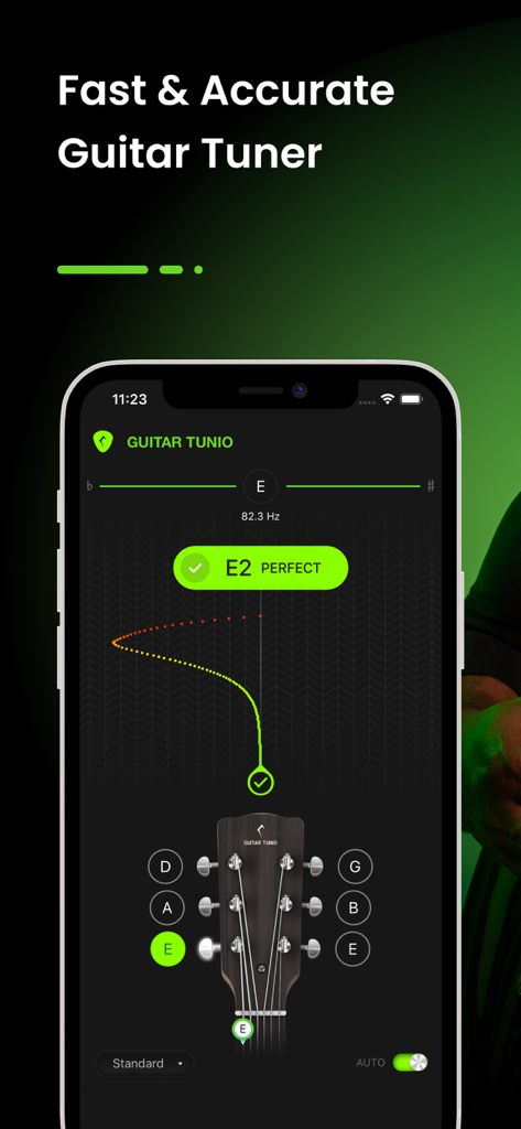 Guitar Tuner - GuitarTunio - Bildschirm der mobilen App Guitar Tunio, der eine perfekte E-Saite auf der Gitarrenkopf-Visualisierung zeigt