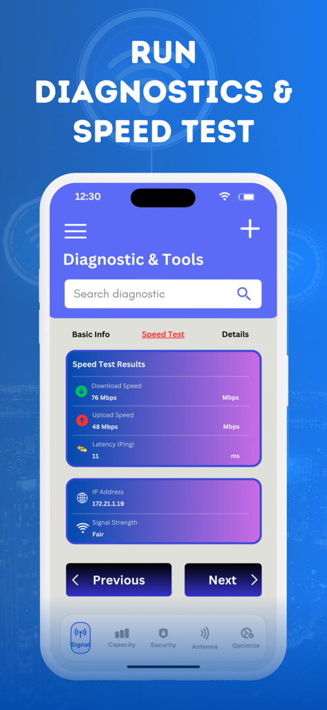 Écran de test de vitesse et de diagnostic réseau de l'application Wifi Map plus