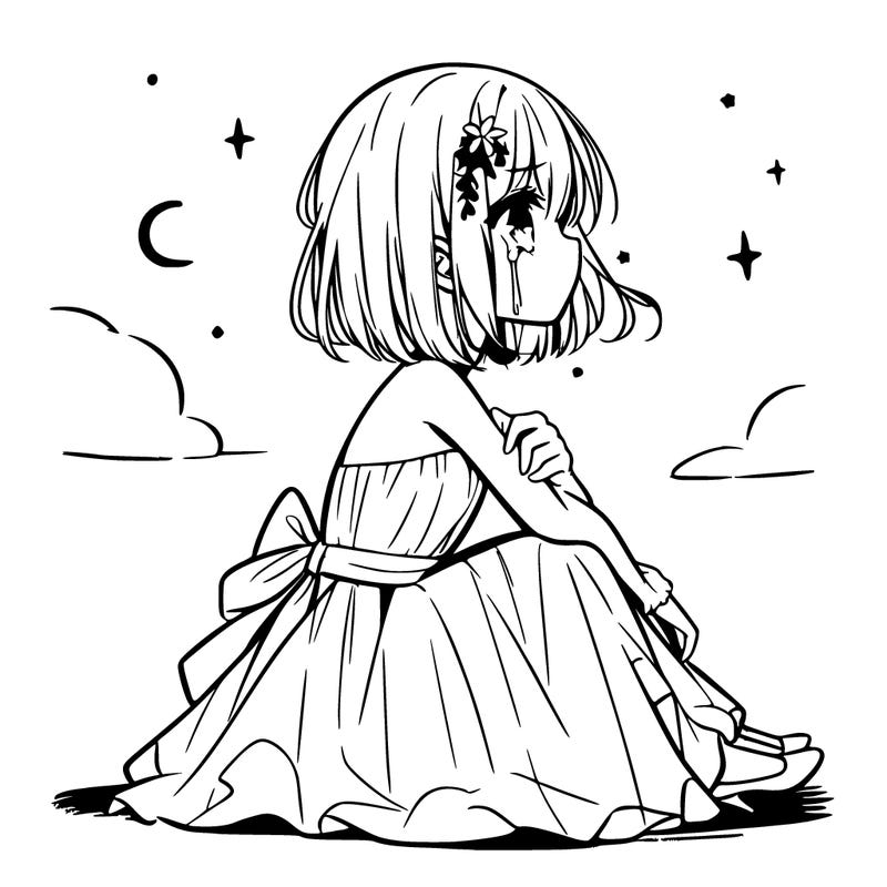 girl crying with a white strapless dress on her knees looking at the sky anime human like drawing side profile