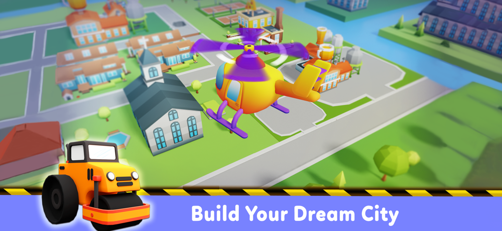 Truck Game for 5 year old Boys - Una colorata città giocattolo 3D con un elicottero che vola in alto e un rullo stradale in primo piano