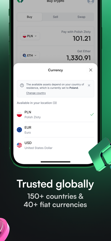 Ramp Network app interface showing fiat currency selection for buying crypto including PLN EUR and USD