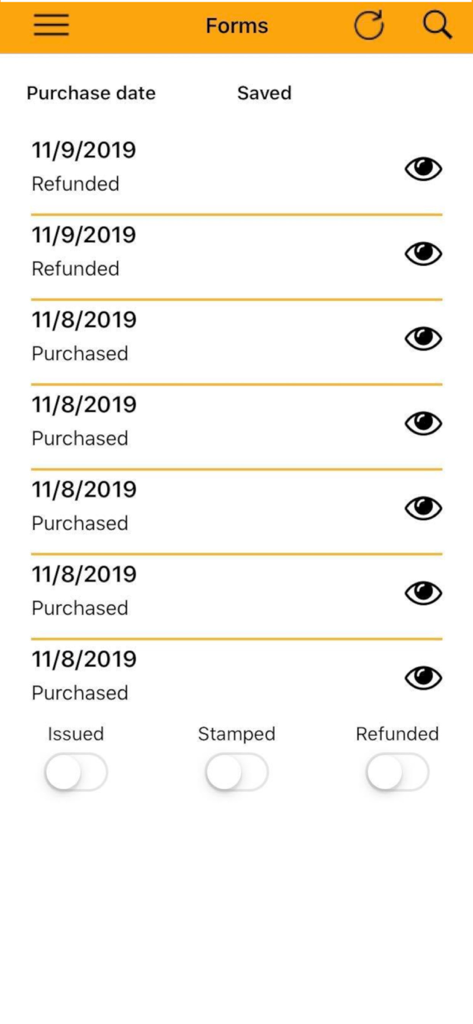 Panel de control de la aplicación Digital Tax Free que muestra una lista de formularios de reembolso de IVA con fechas de compra y actualizaciones de estado.