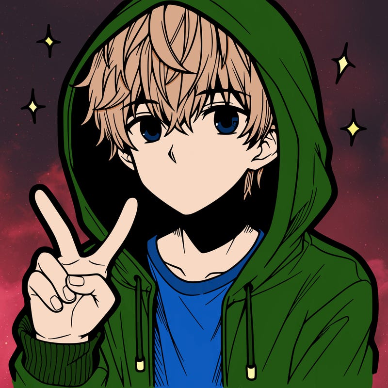 teenage manga boy in a hoodie, doing ✌