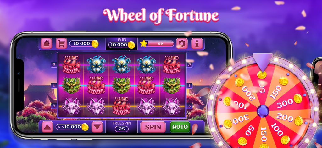 Sakura Slot: Lucky Magic Lady - Sakura Slot mobile game screen showing Japanese-themed slots and a prize wheel of fortune