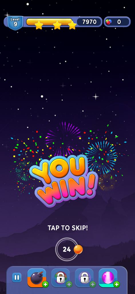 Bubble Pop Shooter Puzzle Game - Victory screen of Bubble Pop Shooter game showing level 9 completed with three stars and fireworks