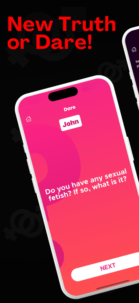 Couples Games: Naughty & Dirty - Pantalla de smartphone mostrando un desafío de verdad o reto para parejas sobre un fondo rosa.