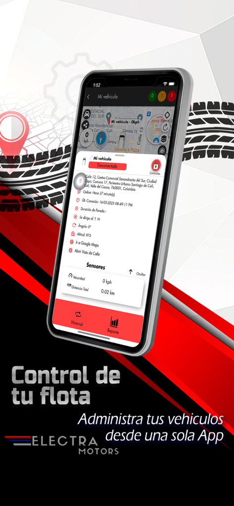 Electra Motors - Smartphone displaying Electra Motors app for real-time motorcycle GPS tracking and fleet control