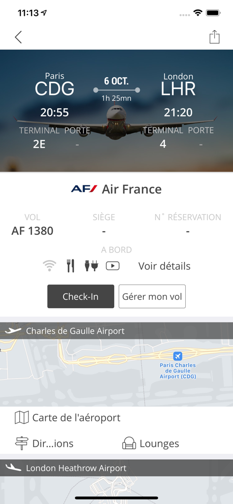Guide de voyages SELECTOUR - Selectour App Flugreiseplan-Bildschirm mit Air France Reiseinformationen von Paris nach London