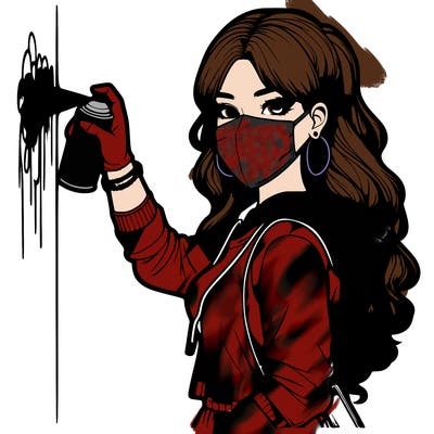 realistic girl with mask spray painting a wall