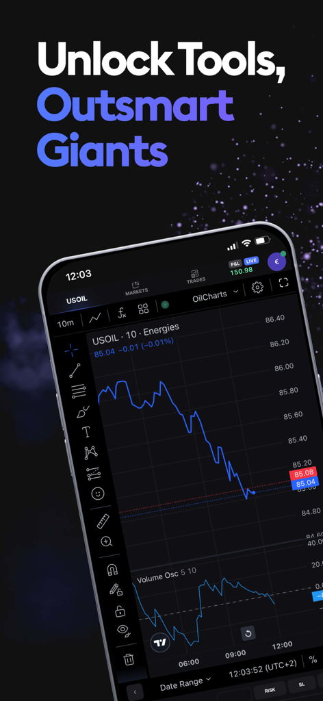 Smartphone mostrando la aplicación TradeLocker con un gráfico de trading profesional de USOIL e integración de TradingView
