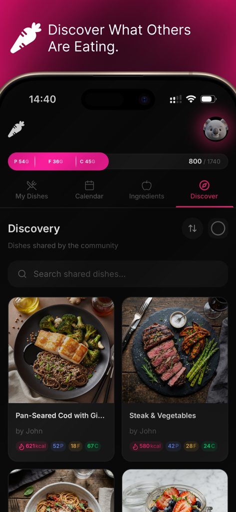 Eatme: Snap Food, Track Macros - Eatme app discovery screen showing healthy community shared meals with calorie and macro data
