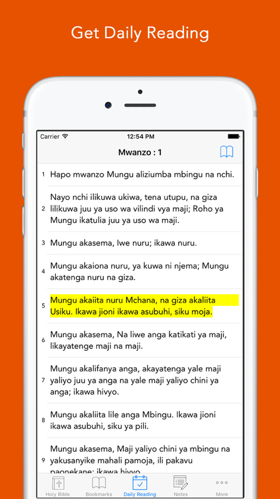 Swahili Bible: Easy to use Biblia Takatifu app for daily offline Bible book reading - Mobile screen of the Swahili Bible app displaying daily reading verses from Genesis chapter 1.