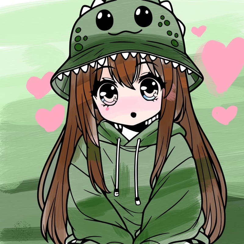 girl with anime shaped eyes with a dinosaur bucket hat oversized sweatshirt long straight hair