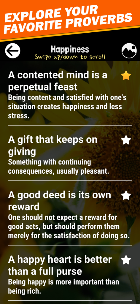 A list of proverbs and their meanings under the happiness category within the app
