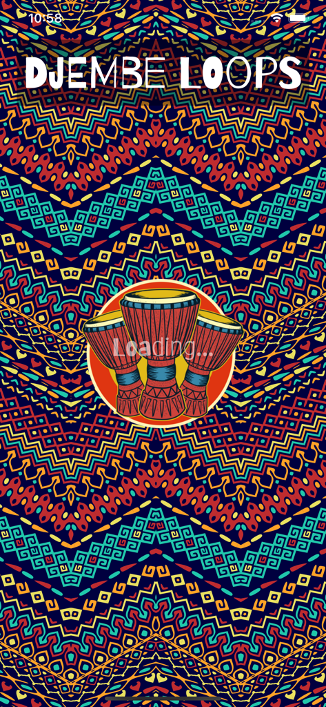 Djembe Loops - Djembe Loops app loading screen with three djembe drums and vibrant West African geometric patterns