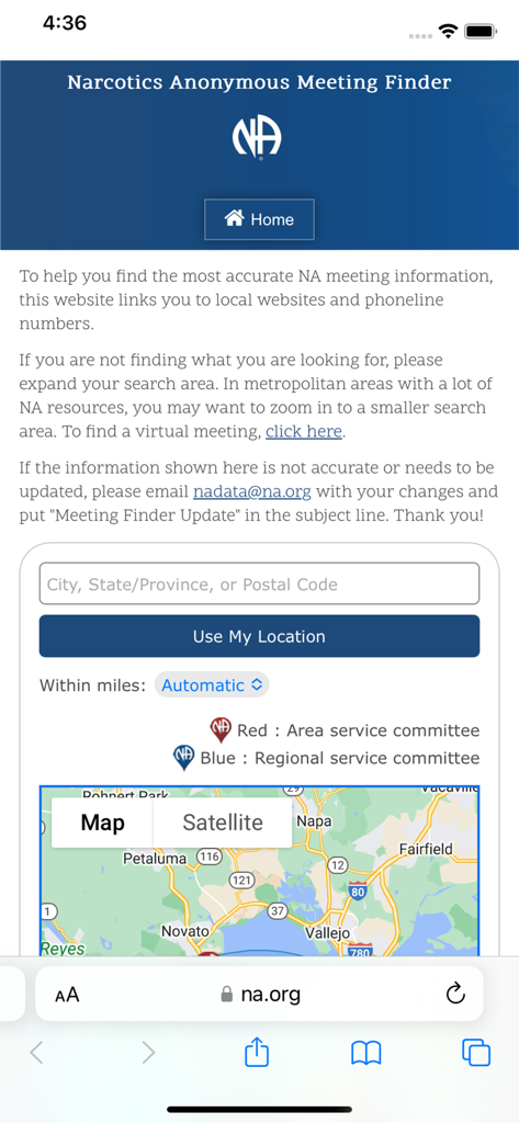 Search interface for Narcotics Anonymous meetings with location input and map view.