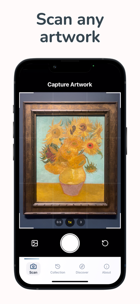 A smartphone using ArtScan AI to scan a sunflower painting in a museum gallery.