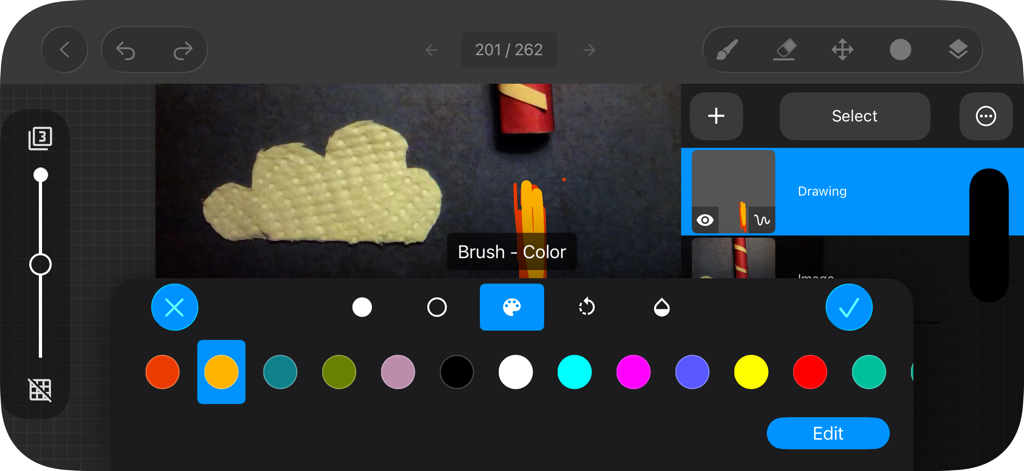 The drawing and rotoscoping interface in the Stop Motion Studio Pro app showing a color selection palette