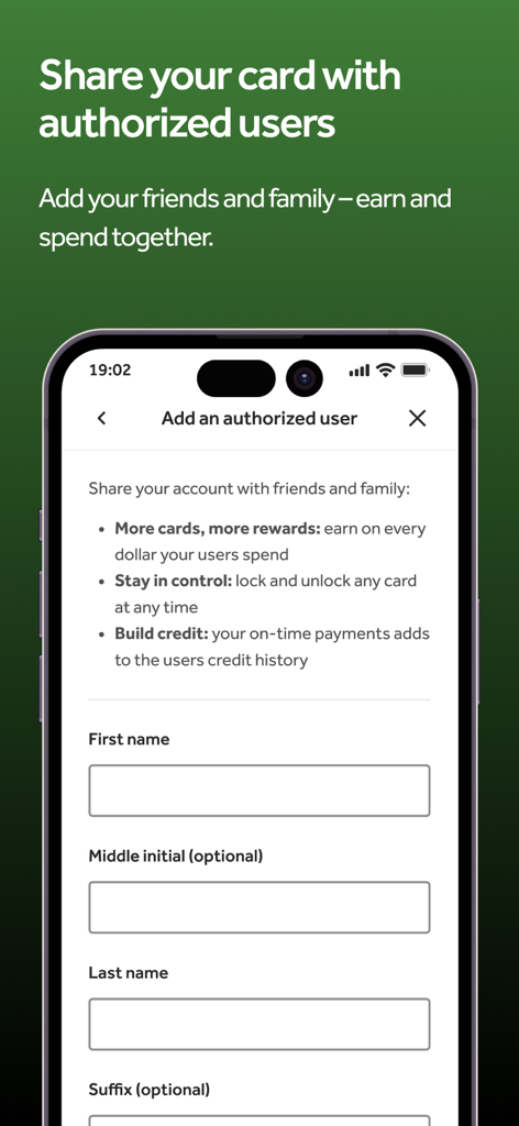 Interface of the Barclays US app to add an authorized user to a credit card account