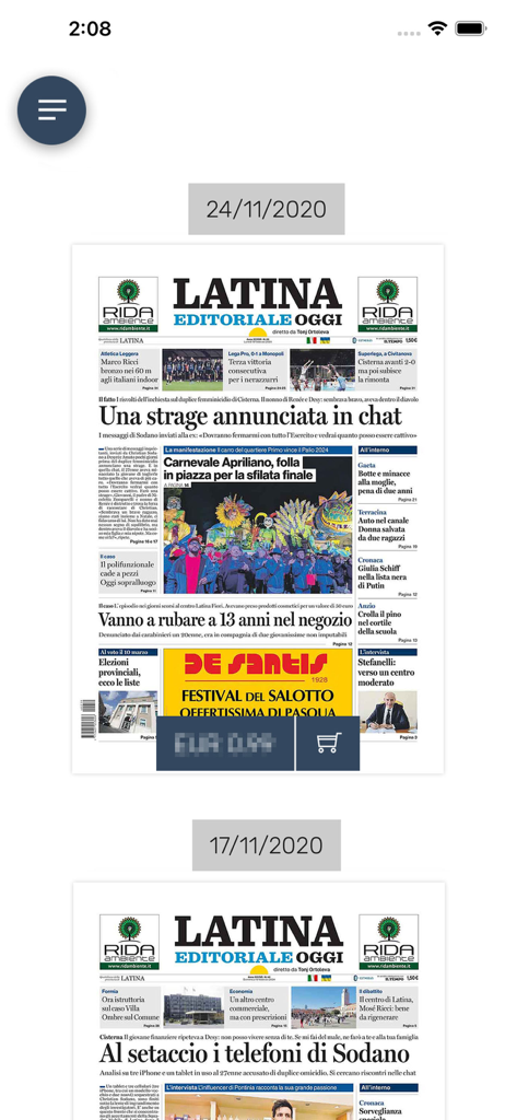 Latinaoggi.eu - Digital newsstand interface of the Latinaoggi app showing archived newspaper editions